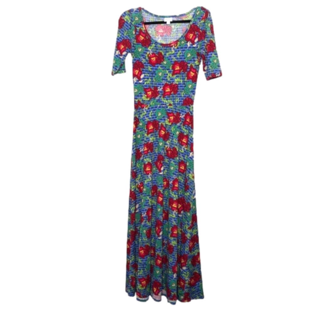 𝅺new - LuLaRoe Ana Maxi Dress Red & Teal Floral & Blue Geo - XS